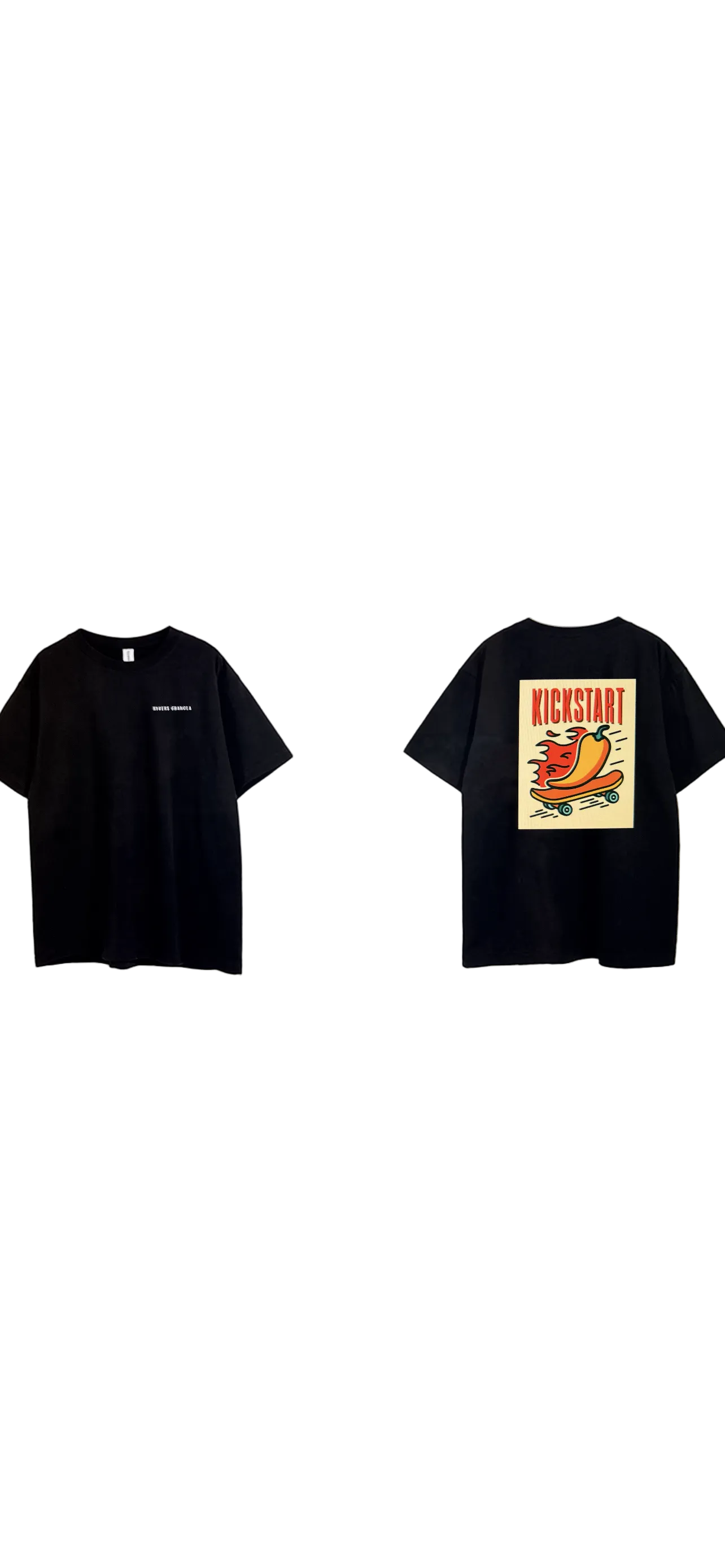 Black t-shirt with graphic design on a white background